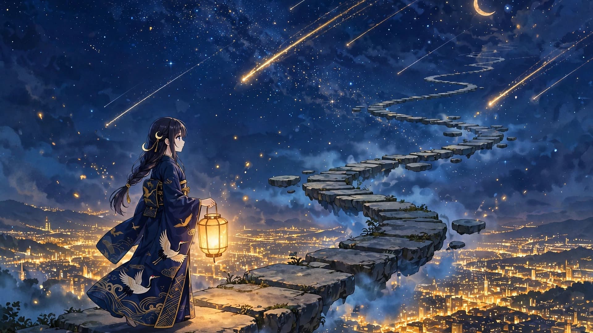Anime Girl with Lantern on a Starry Sky Path