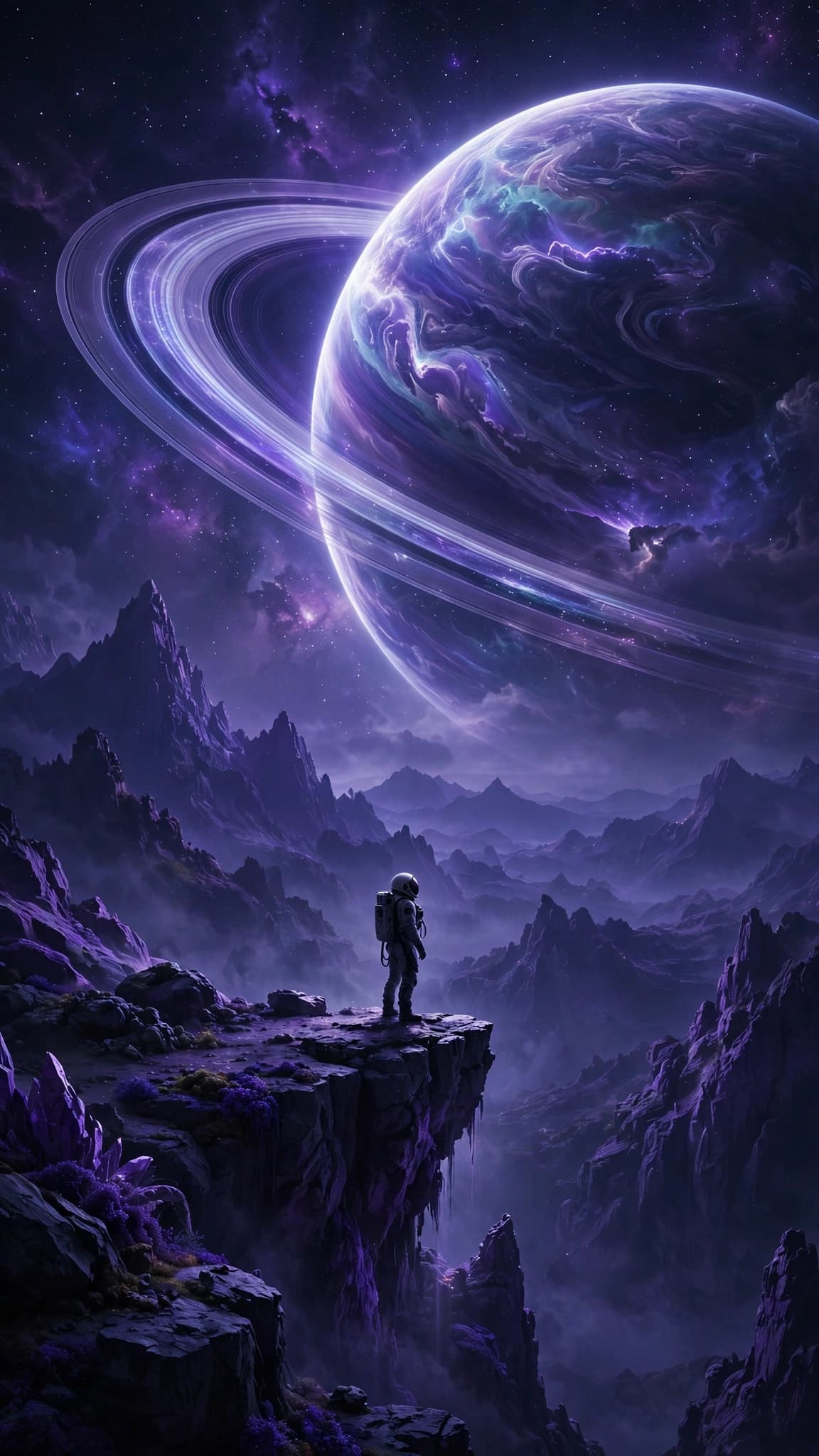 Astronaut Before a Ringed Gas Giant — Sci-Fi Phone Wallpaper