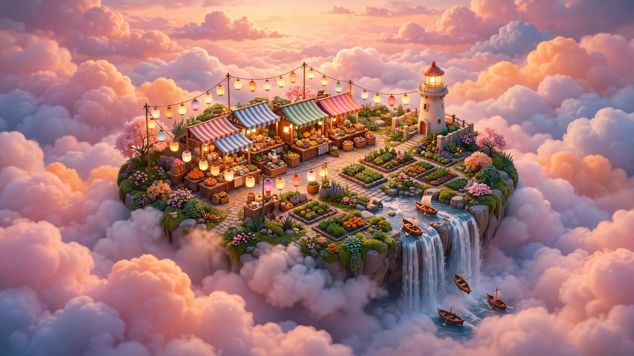 Floating Market Island — Isometric 3D Render at Dusk