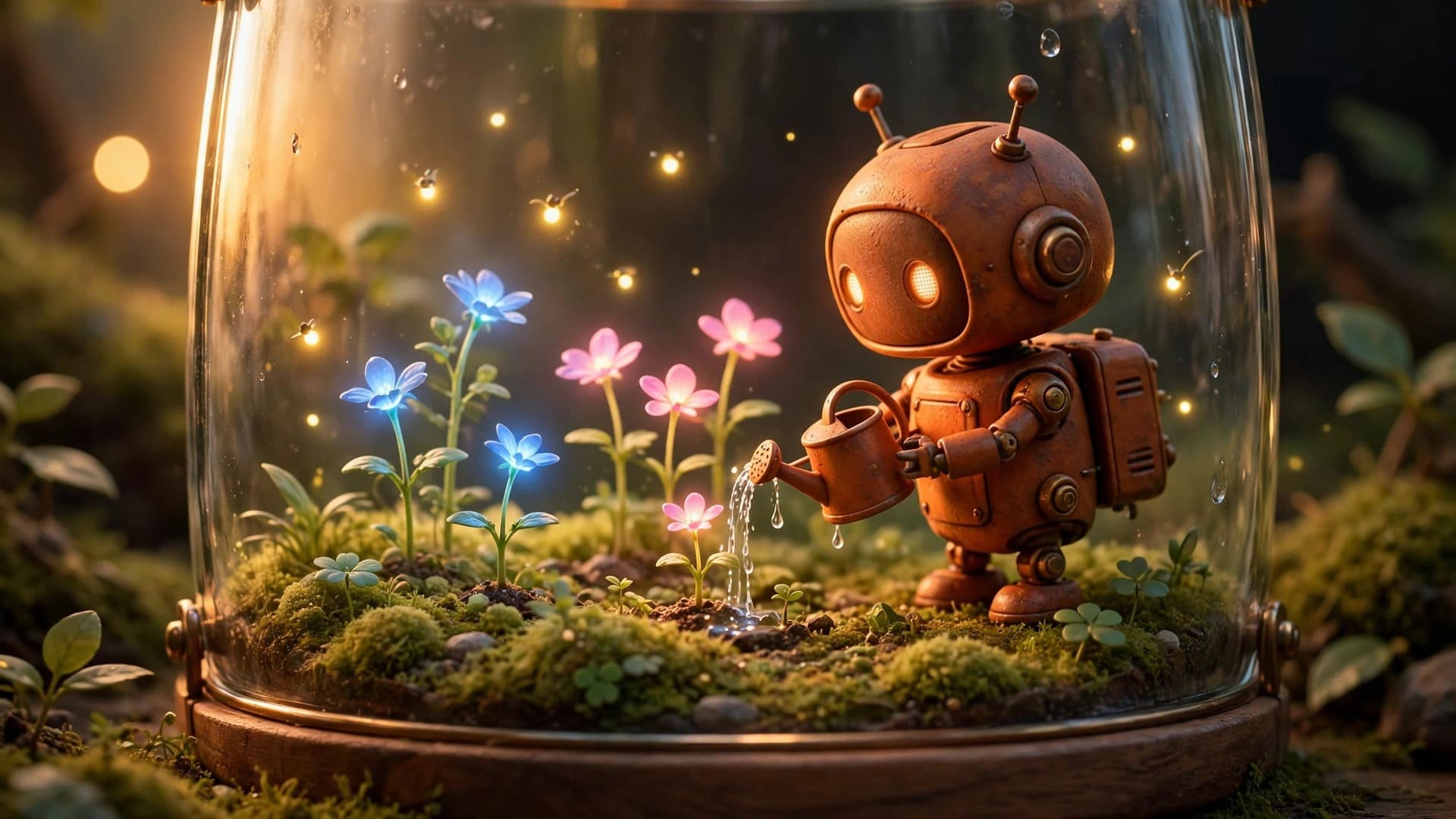 Tiny Robot Gardener in a Glowing Terrarium