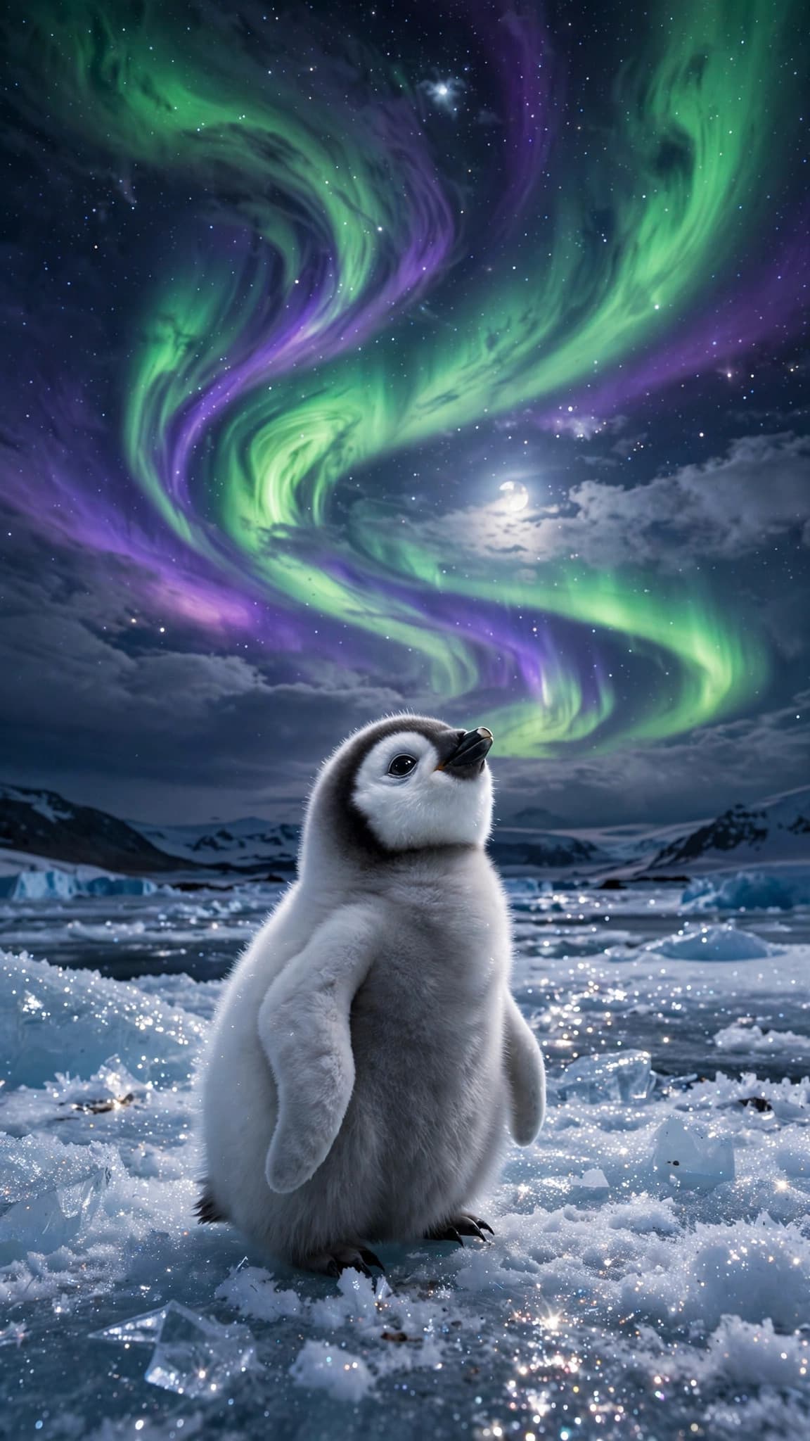 Baby Penguin Under the Aurora — Cute Phone Wallpaper