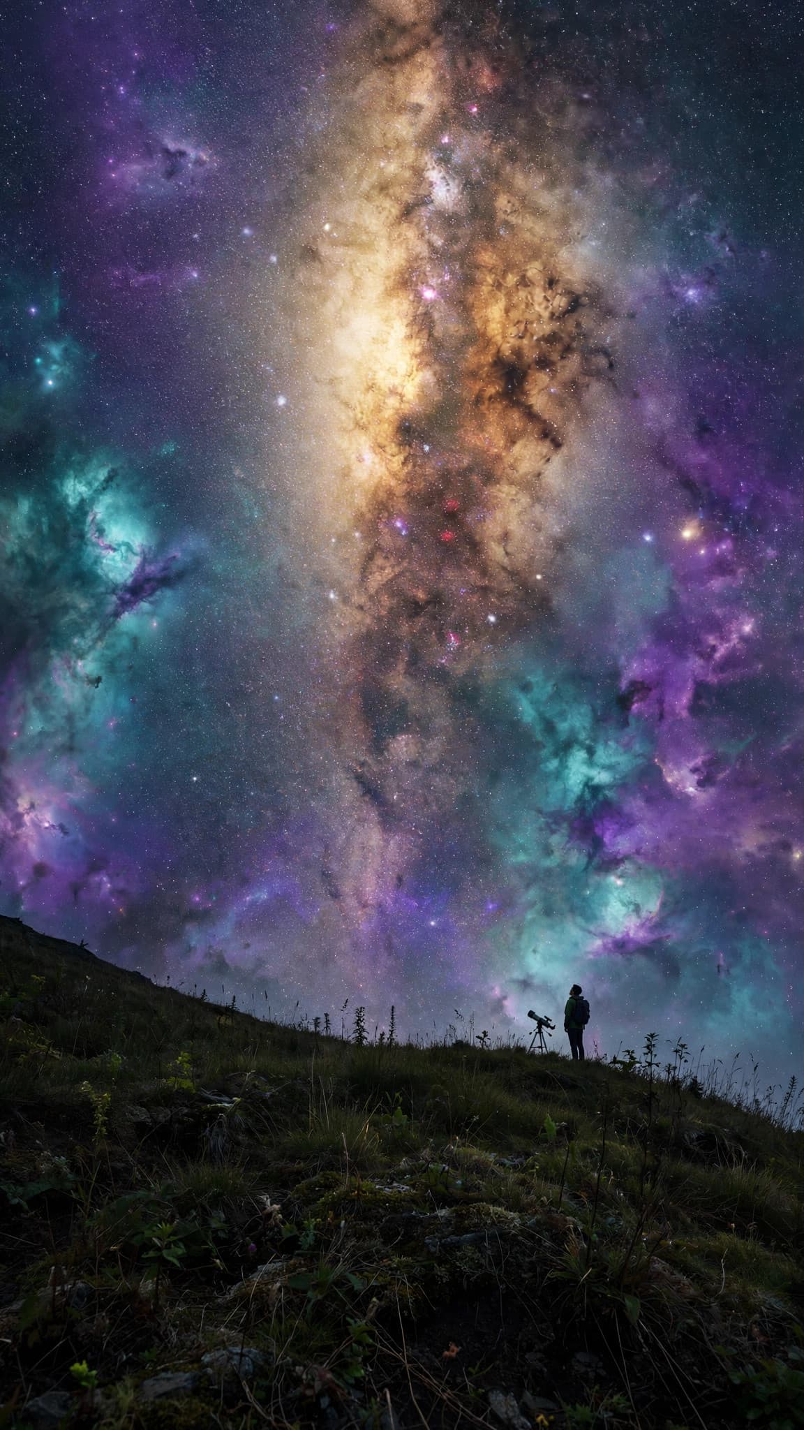 Spiral Galaxy Over a Stargazer's Hill — Space Phone Wallpaper