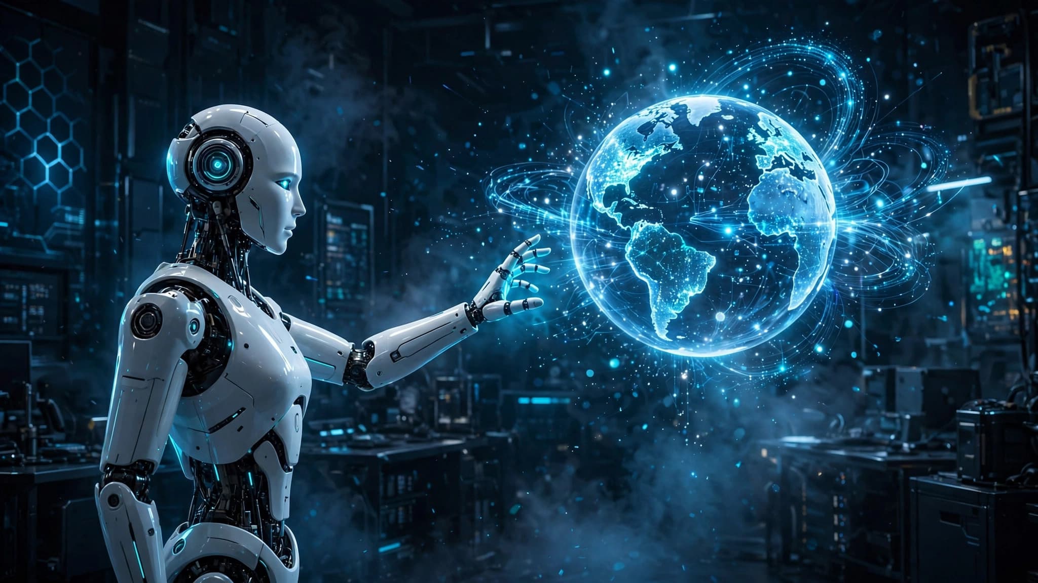 Robot Touching a Holographic Globe — Futuristic AI Technology