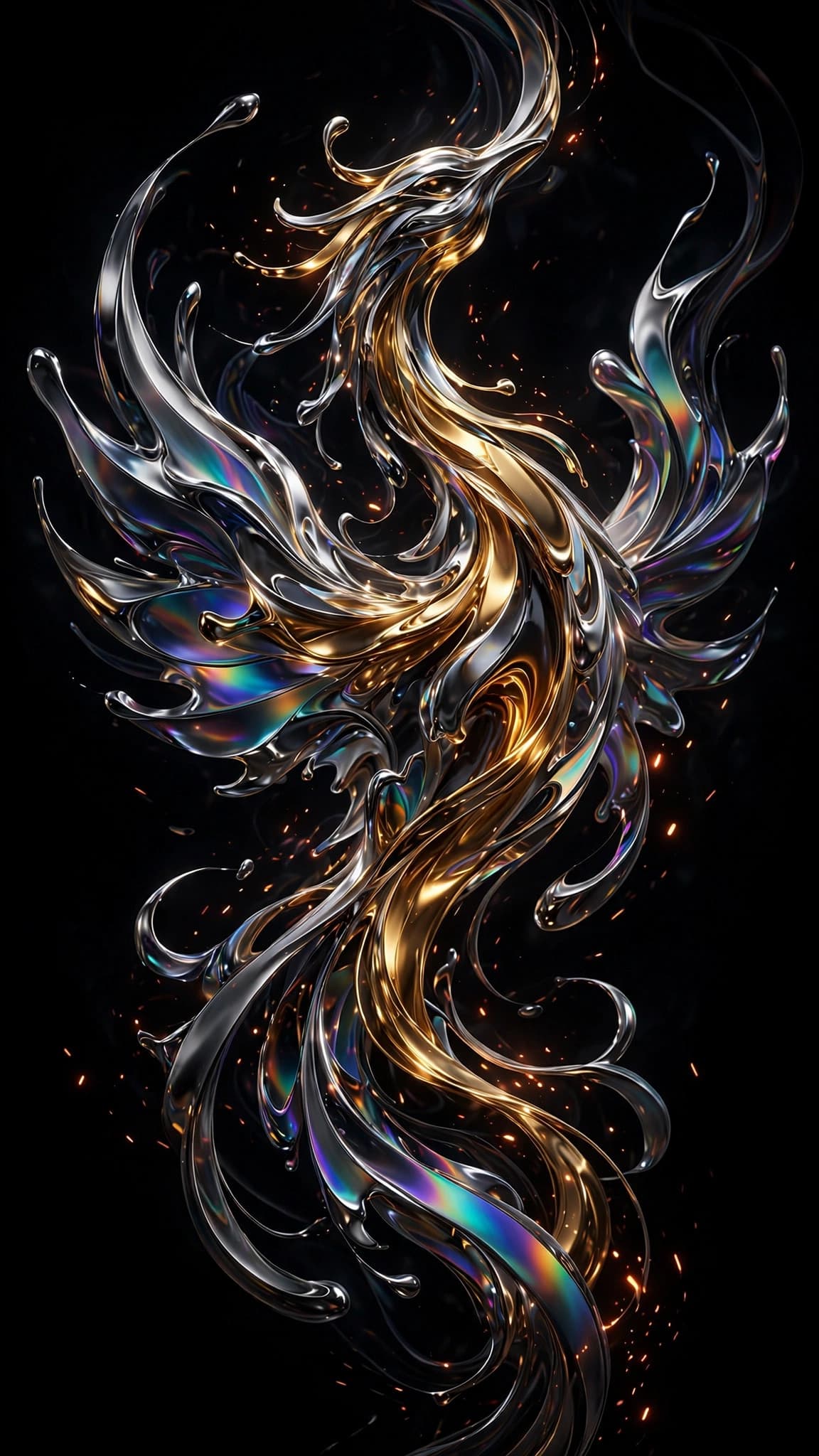 Liquid Chrome Phoenix in the Dark — AMOLED Phone Wallpaper