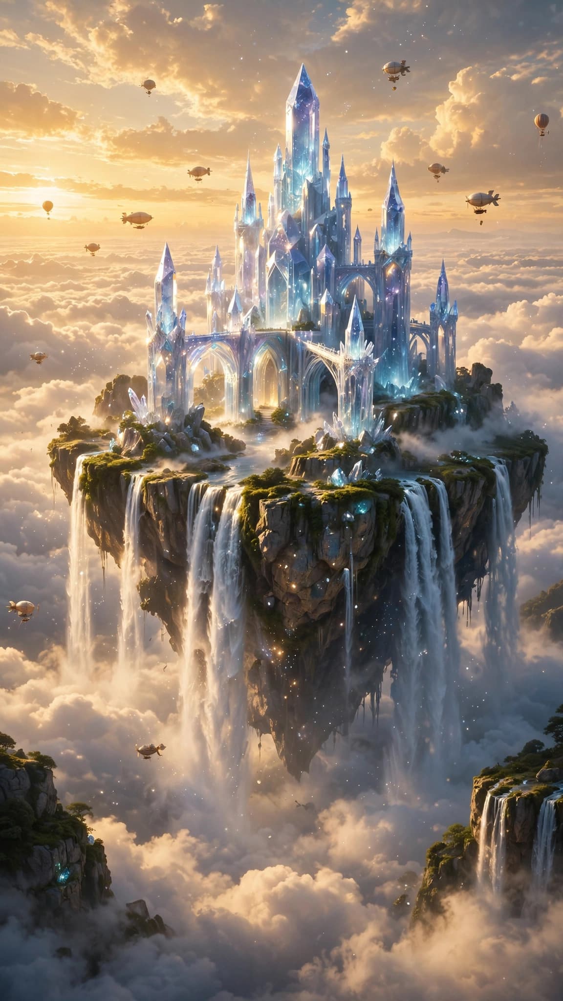 Crystal Castle Above a Sea of Clouds — Fantasy Phone Wallpaper