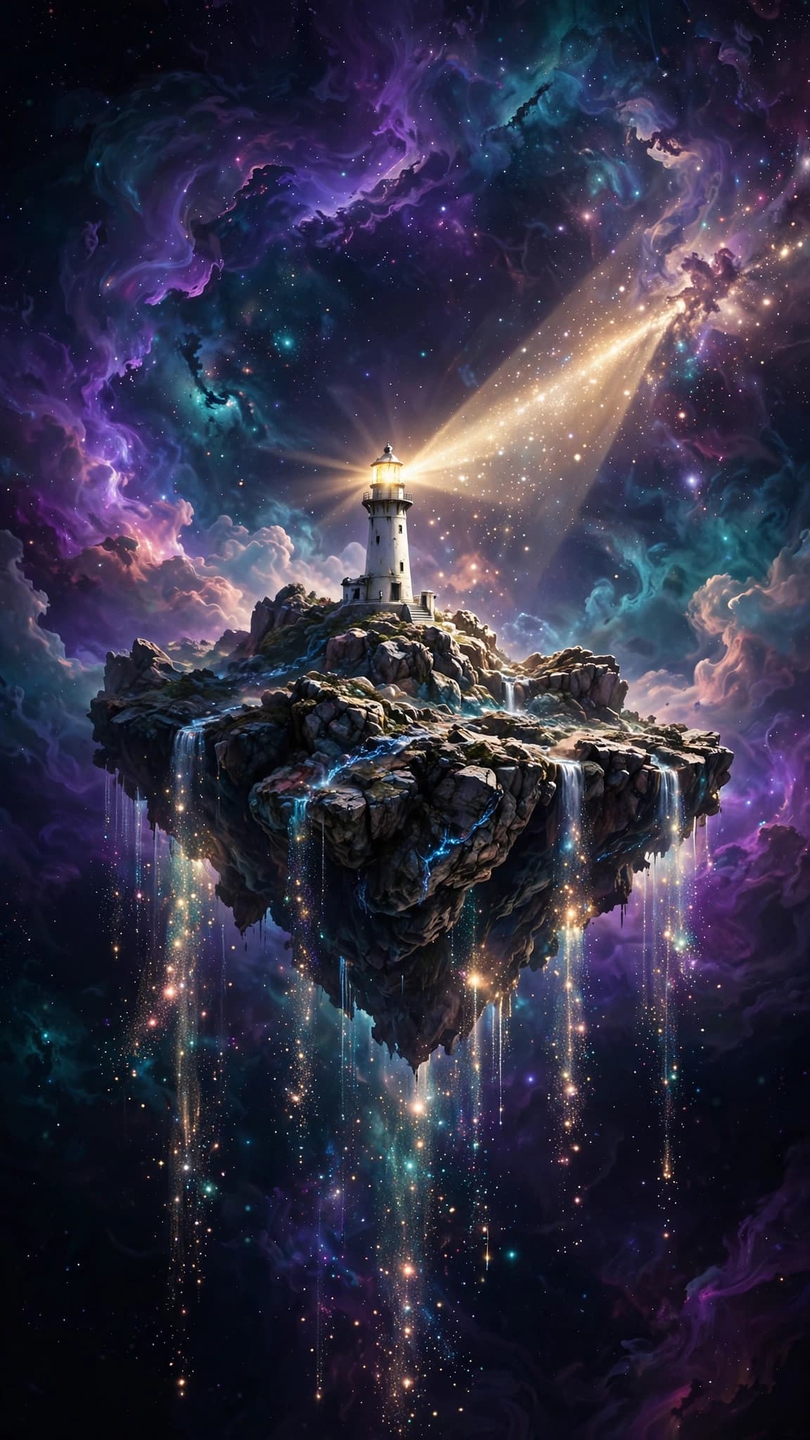 Lighthouse on a Floating Island in a Nebula — Space Phone Wallpaper