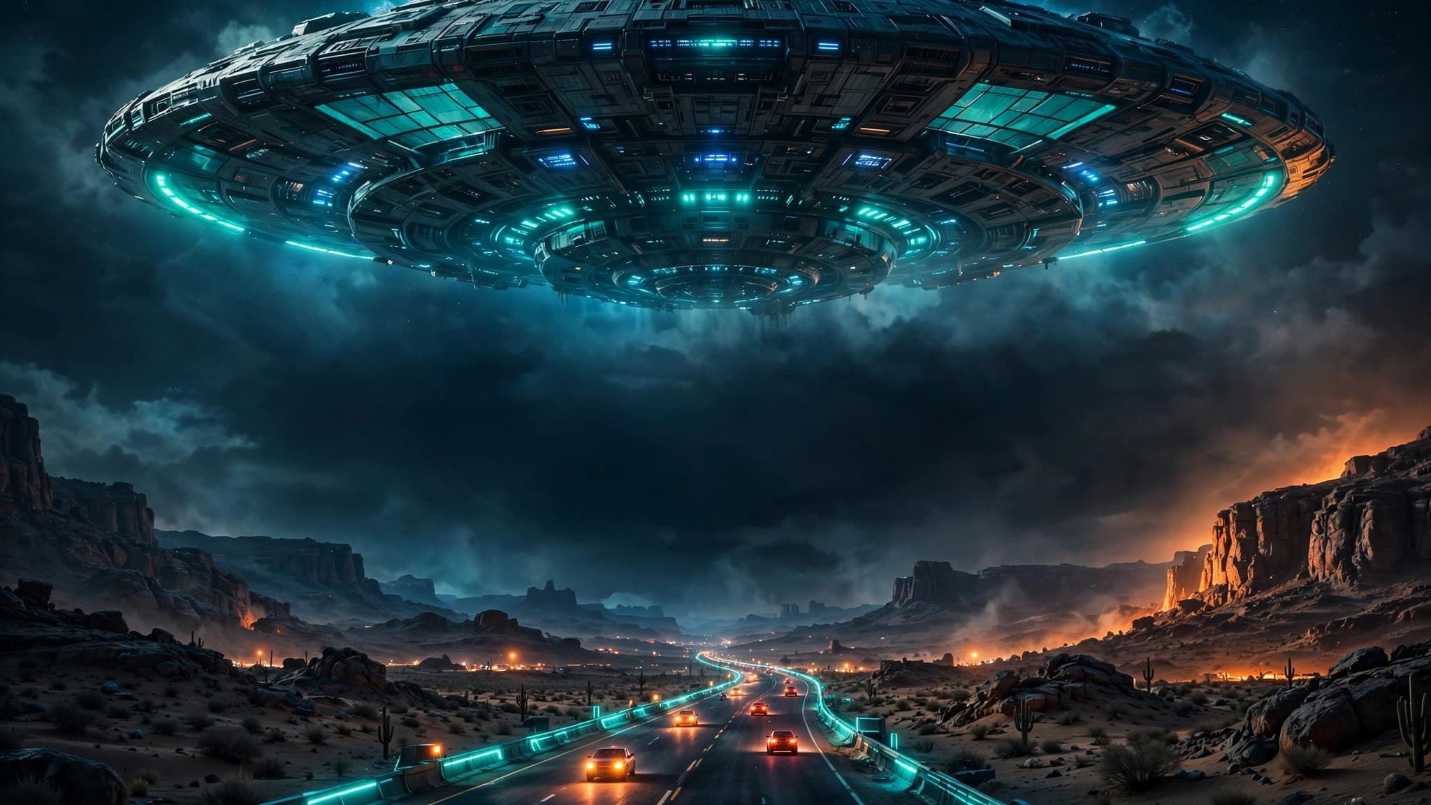 Alien Mothership Over a Neon Desert Highway — YouTube Thumbnail Background