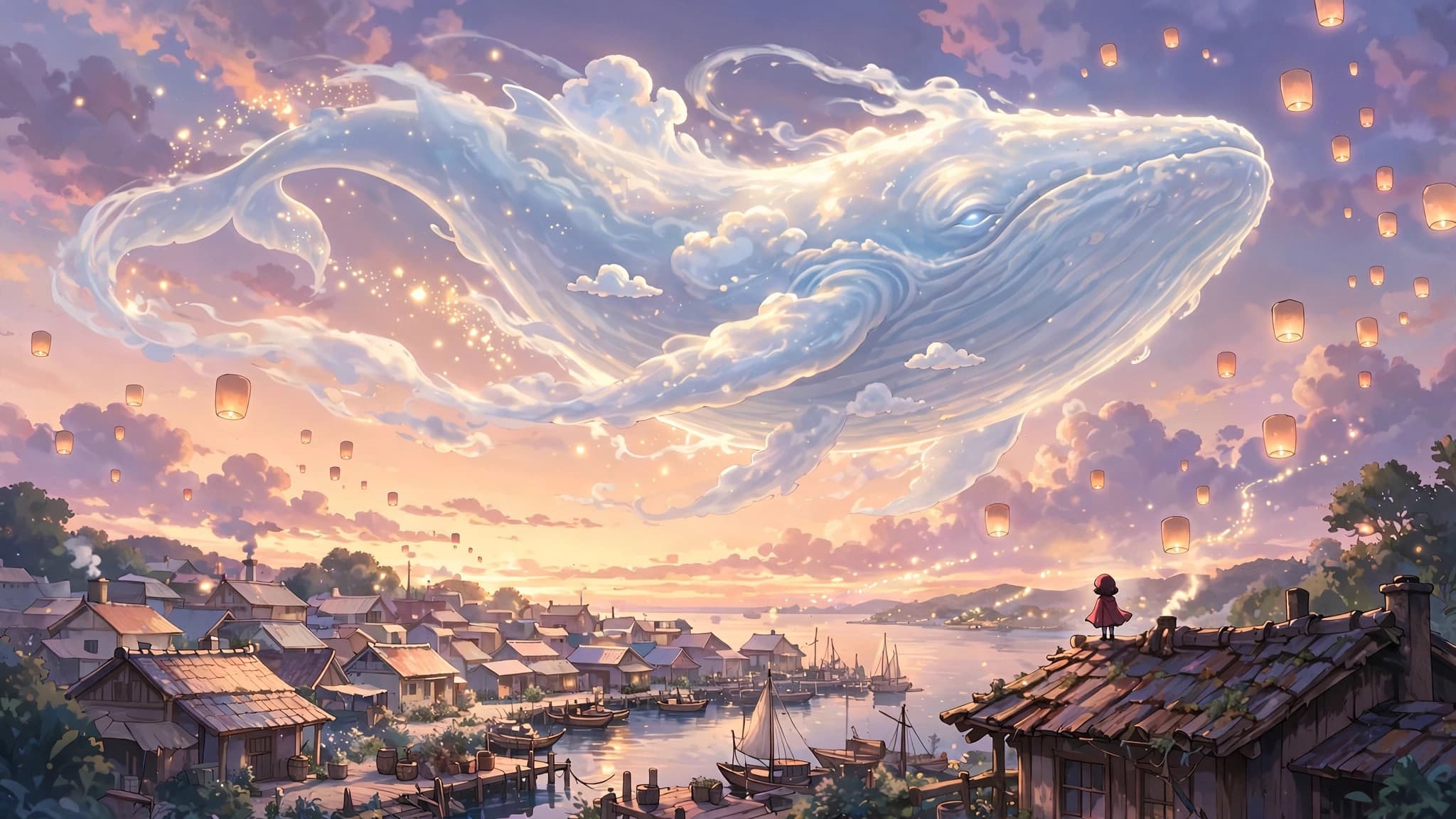 Anime Sky Whale Over Harbor Town at Sunset