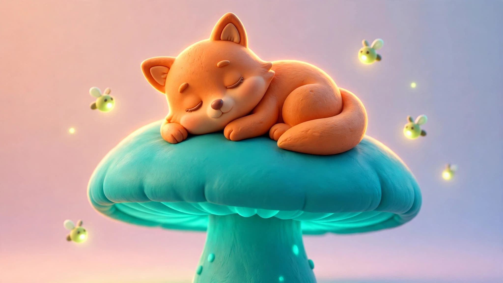 Sleepy Clay Fox on a Glowing Mushroom