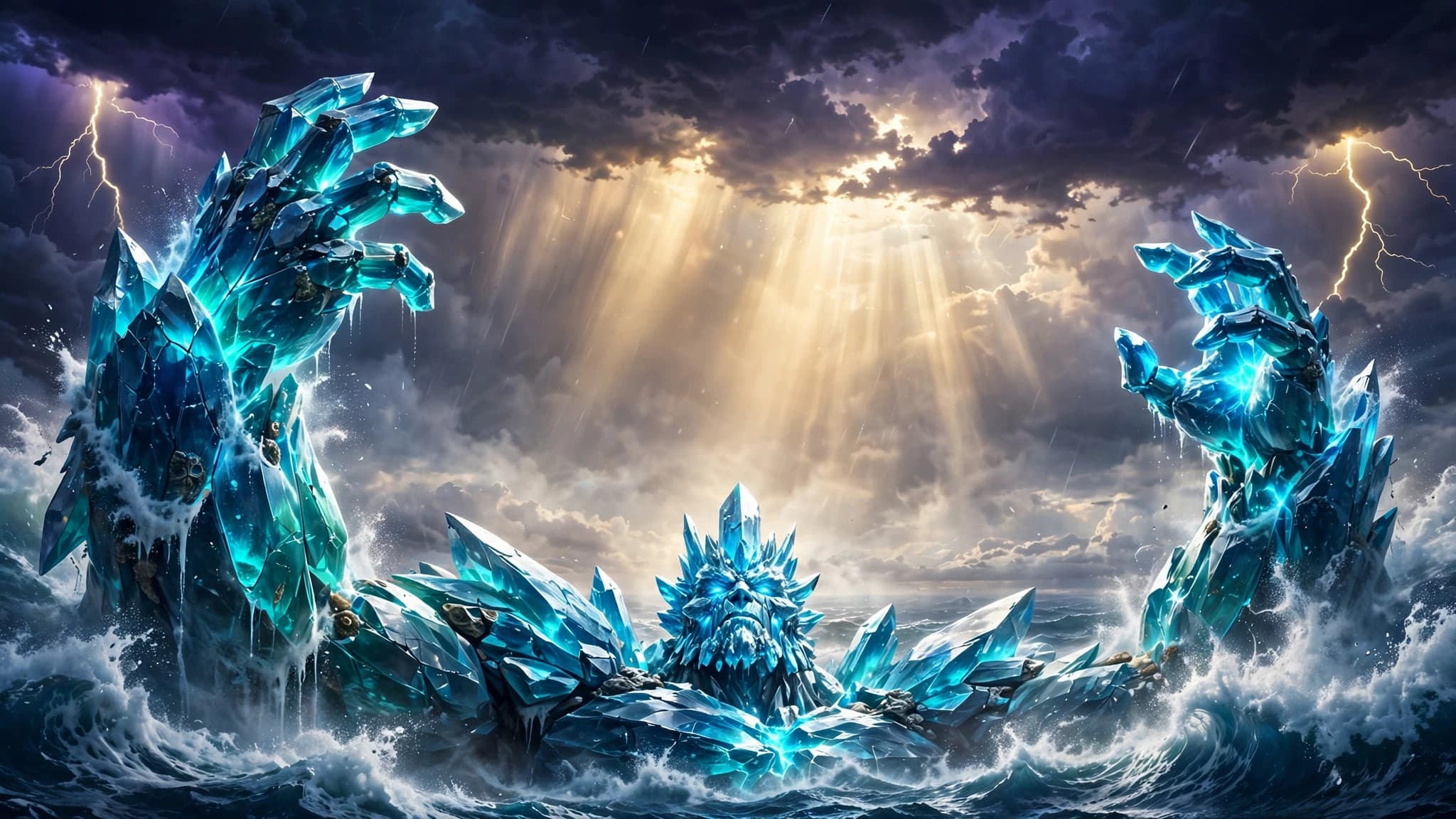 Crystal Golem Rising From a Stormy Sea — YouTube Thumbnail Background