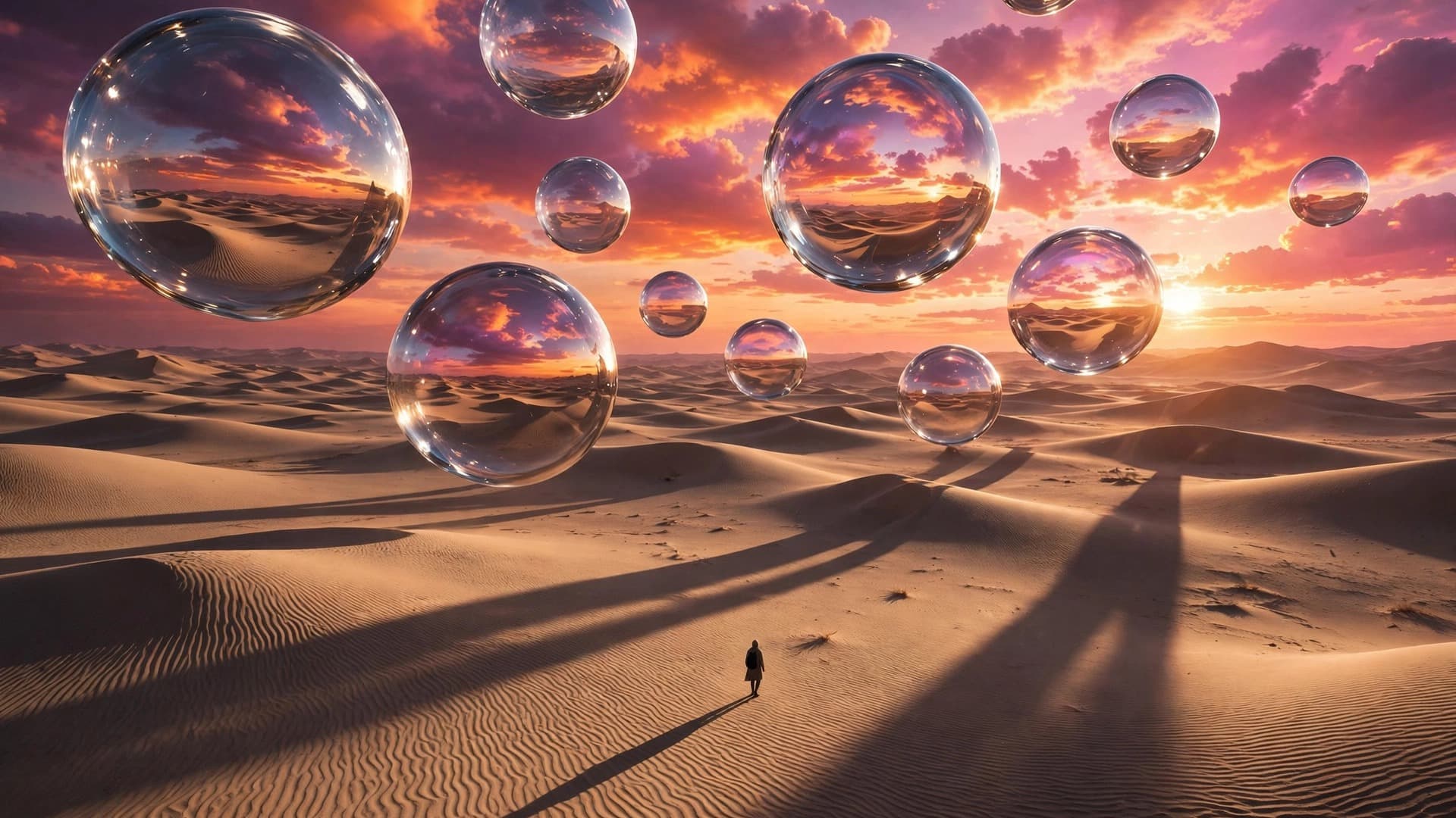 Surreal Desert of Giant Floating Glass Orbs at Sunset