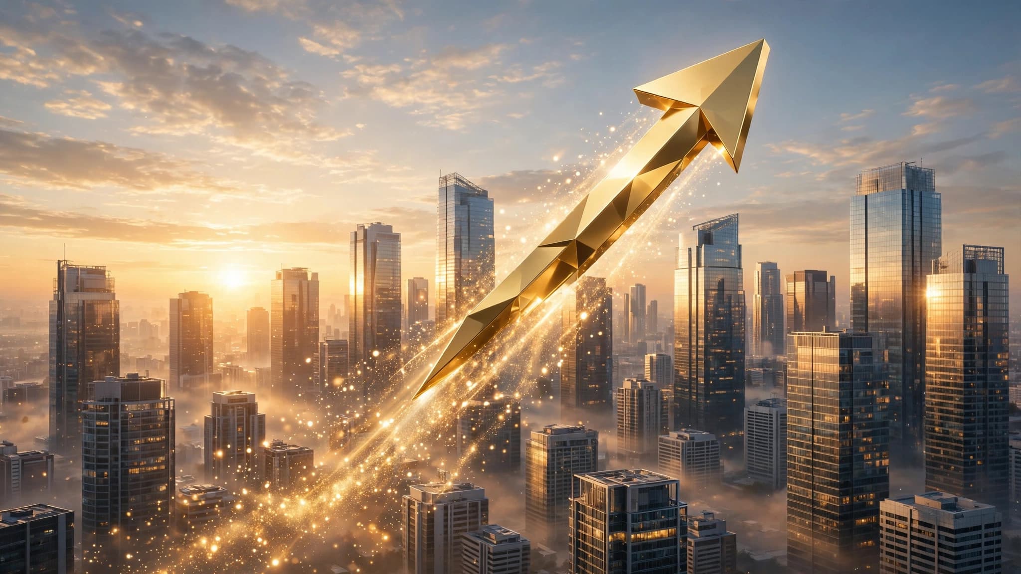 Golden Arrow Soaring Over a Sunrise Skyline — Business Growth