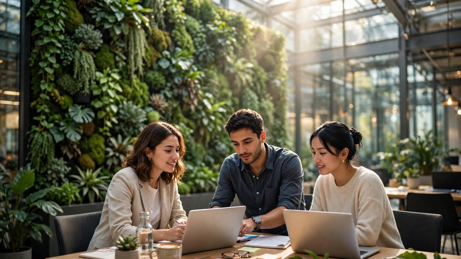 Green Atrium Workspace With Living Plant Wall — Business Photo