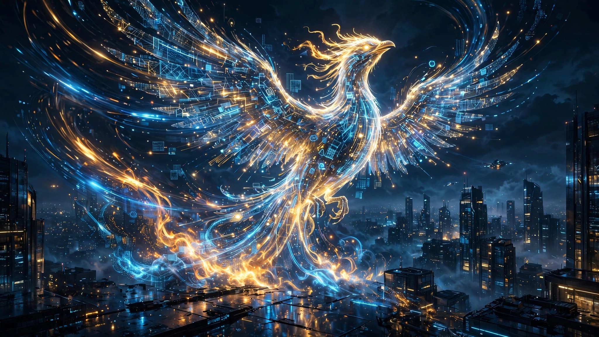 Holographic Phoenix Rising Over a Night City — AI Concept Art