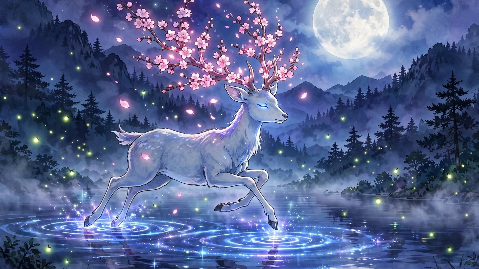 Spirit Deer With Blossom Antlers Leaping Over a Moonlit Lake