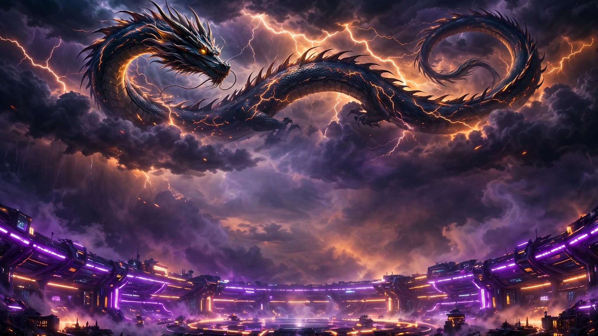 Storm Dragon Over Neon Arena — YouTube Thumbnail Background