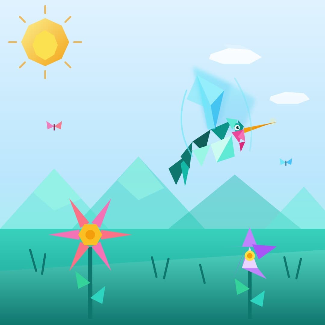 Low-Poly Hummingbird Garden — Geometric Bird Vector Illustration