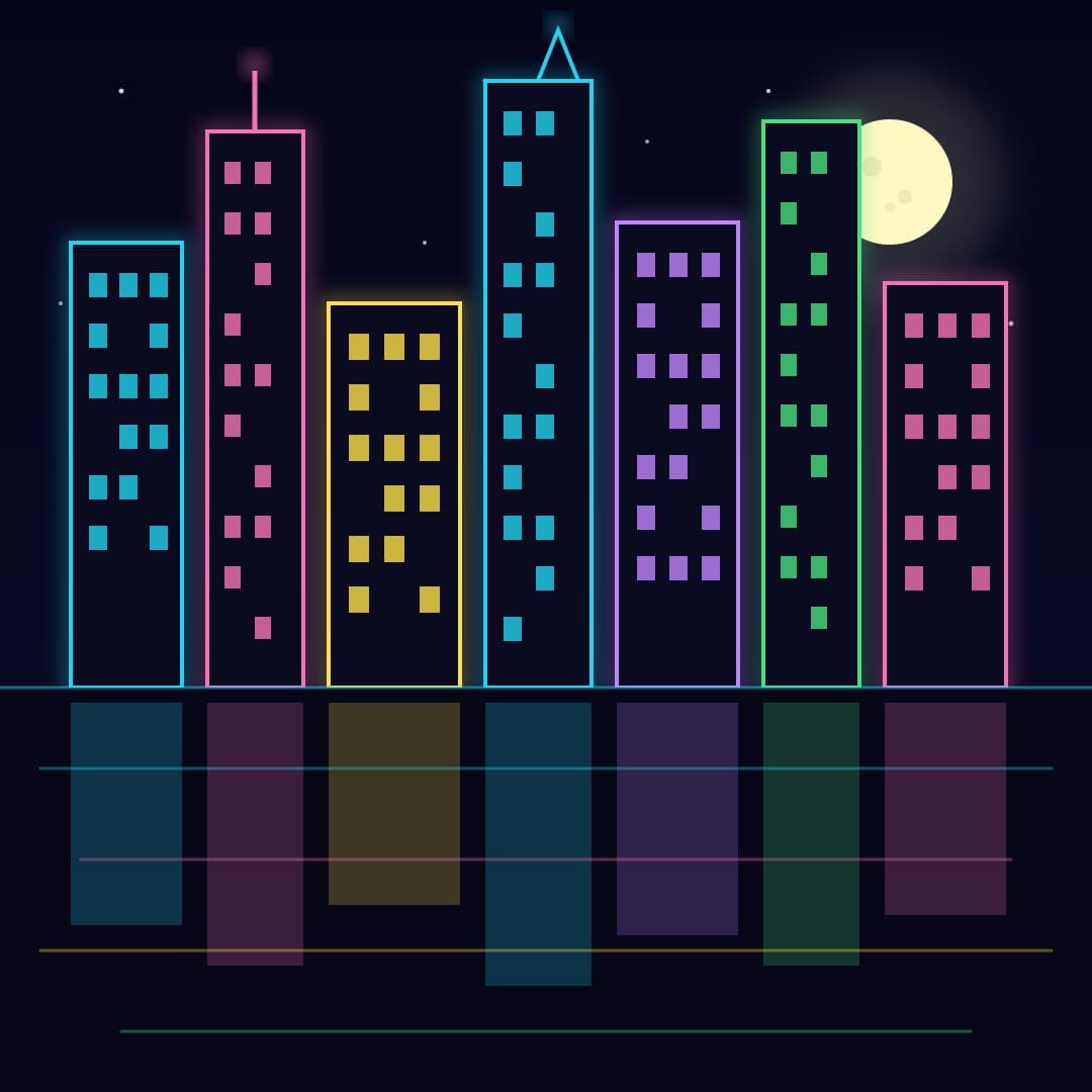 Neon Skyline Night — Glowing City Line Art Vector