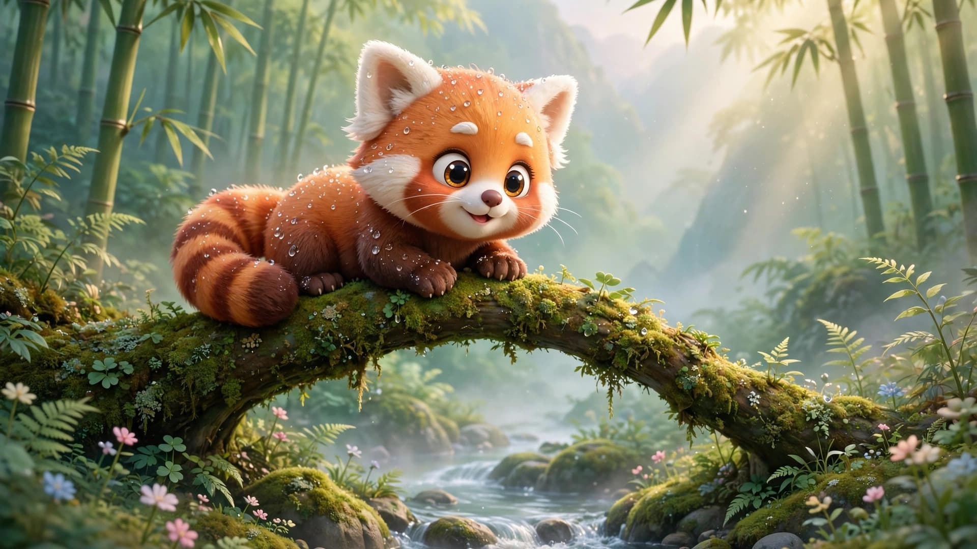Cute Animated Baby Red Panda in a Misty Bamboo Grove