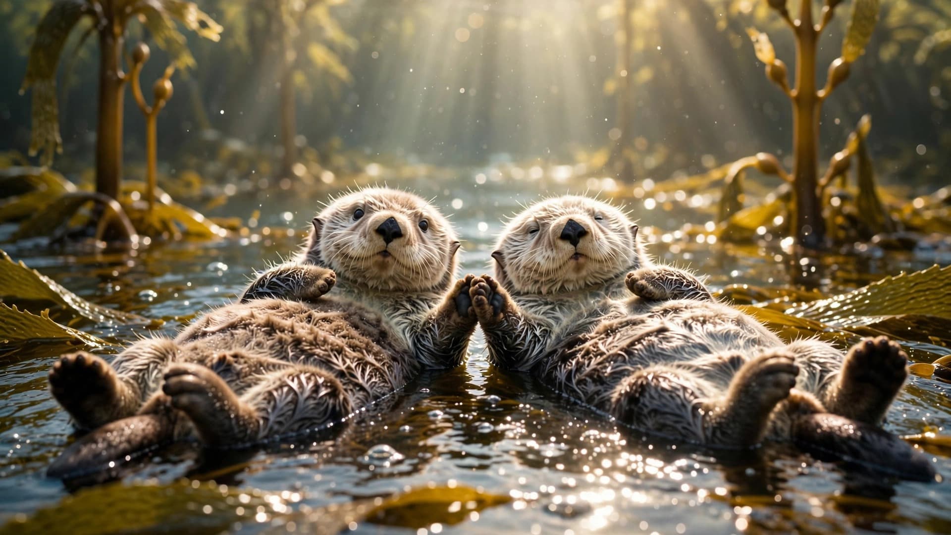 Baby Sea Otters Holding Paws in the Kelp Forest