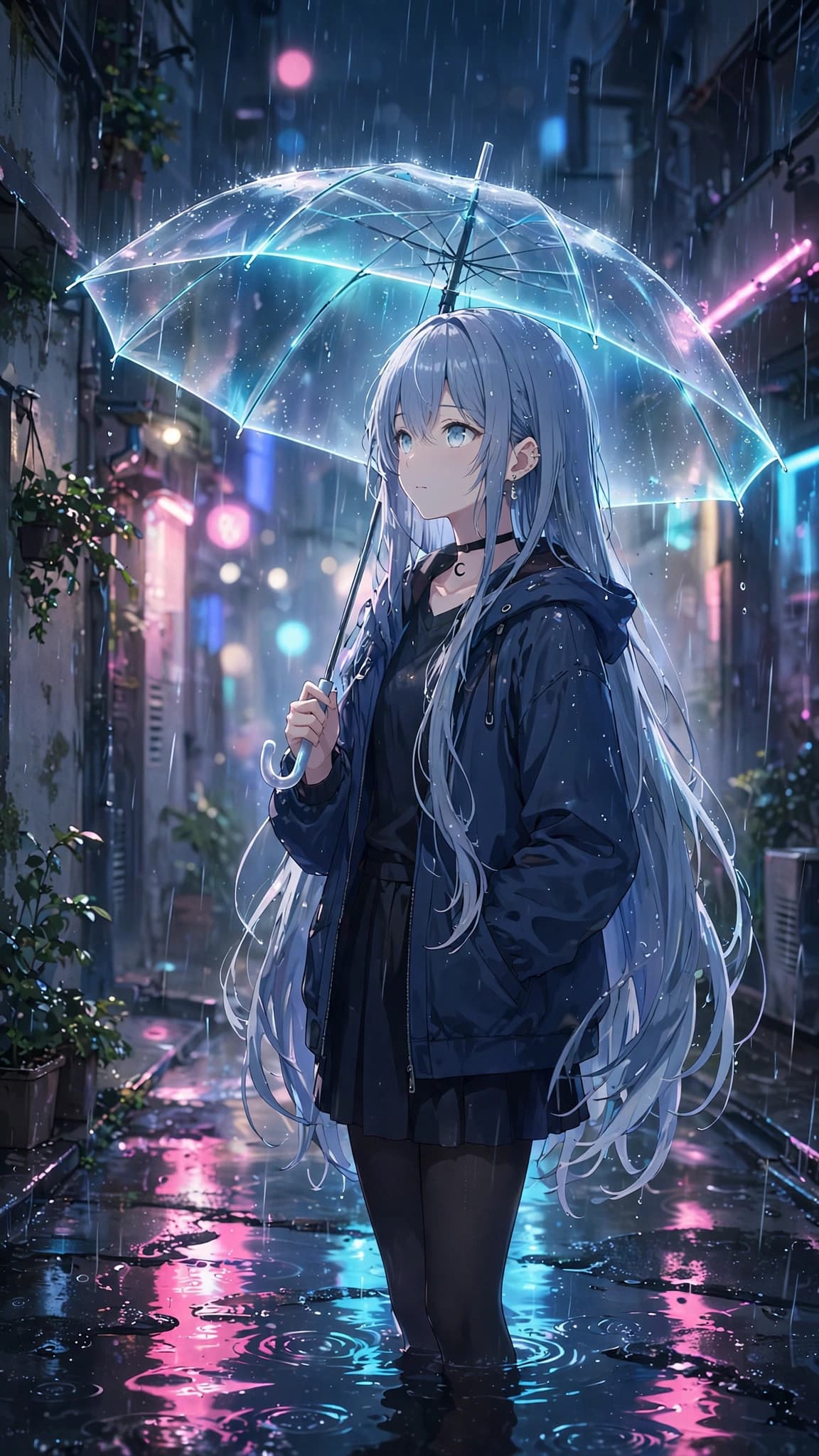 Anime Girl with Glowing Umbrella in Neon Rain — Phone Wallpaper