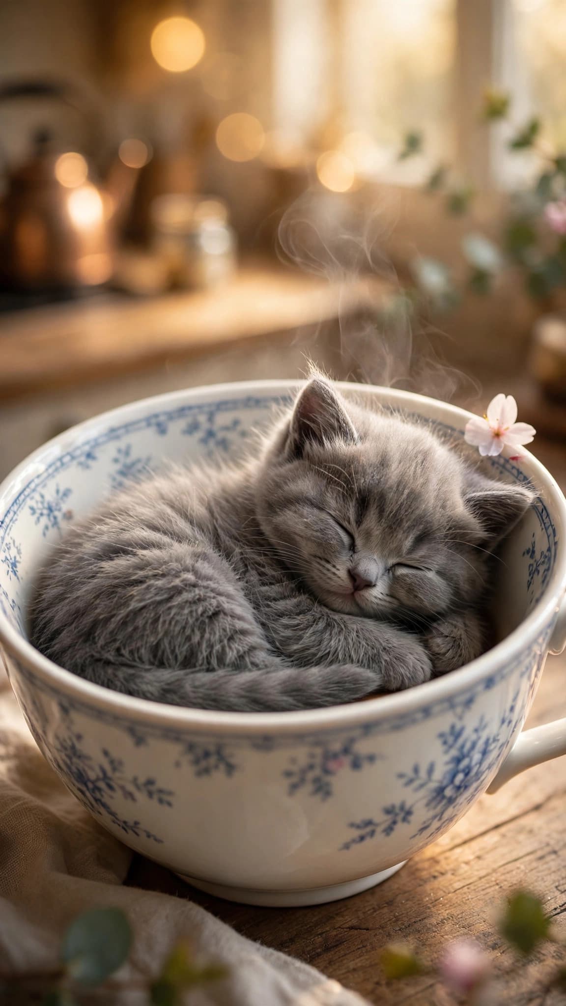 Sleepy Kitten Napping in a Teacup — Cute Phone Wallpaper