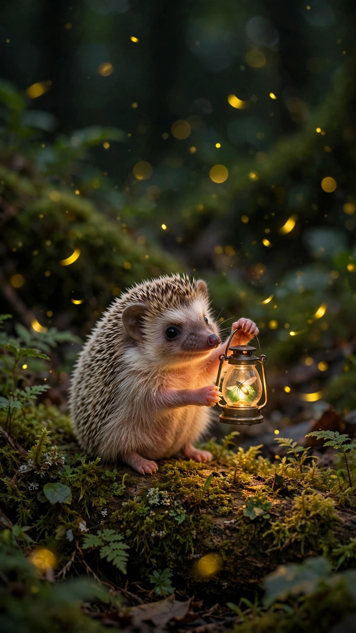 Baby Hedgehog with a Firefly Lantern — Cute Phone Wallpaper